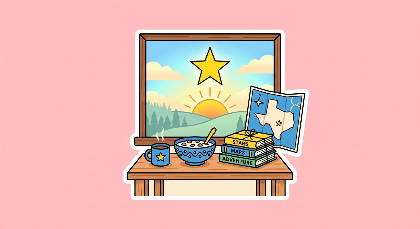 An illustration of a sunrise window, a mug, a bowl, a stack of books and a Texas map
