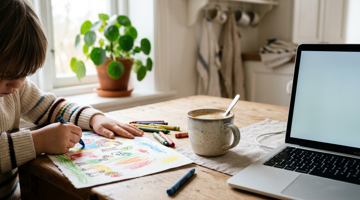 A child colouring at a kitchen table beside a laptop and a cup of coffee