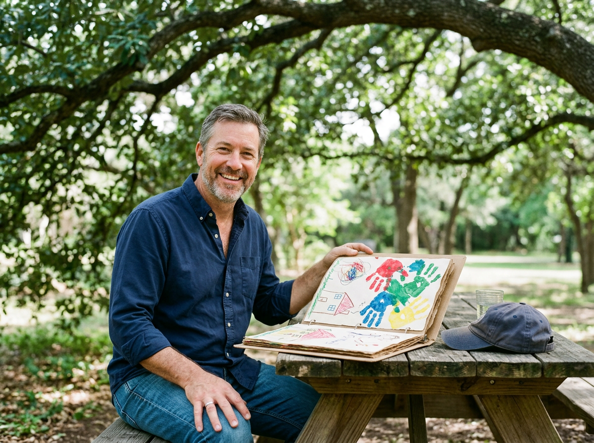 A smiling father at a park table holding a binder of his child’s handprint paintings