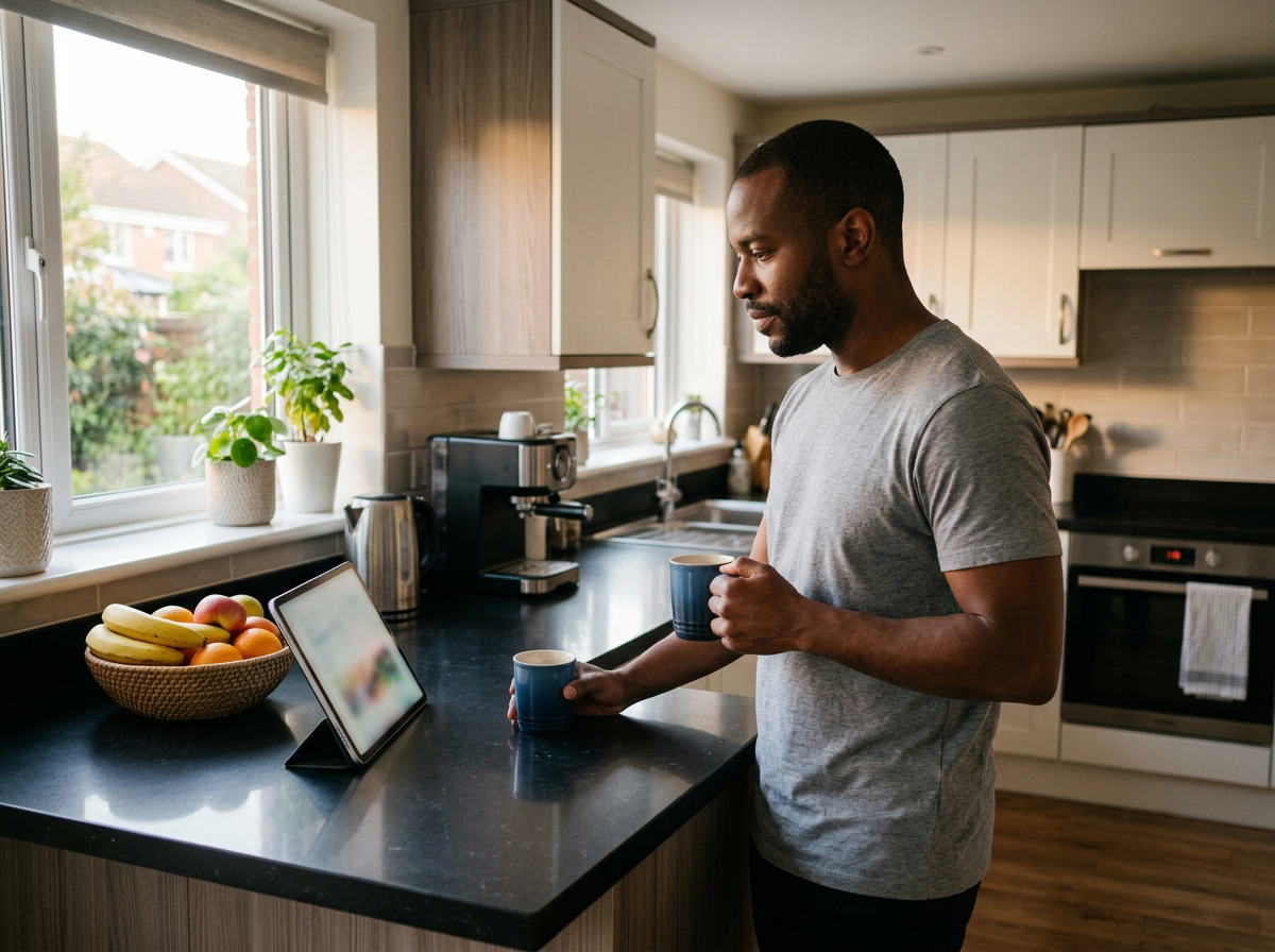 A father standing in his kitchen with a mug, looking at a tablet on the counter