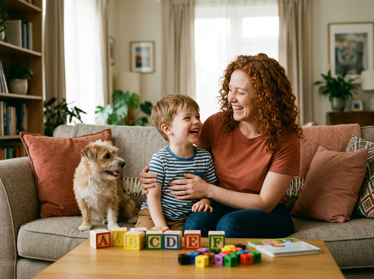 A mother laughing with her young son on a sofa, with alphabet blocks on the table in front of them